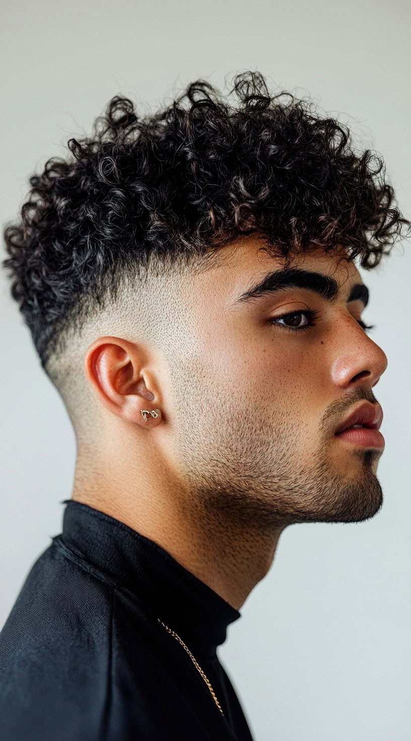 Side profile of a man with tight curls and a mid fade, offering a structured yet relaxed look.