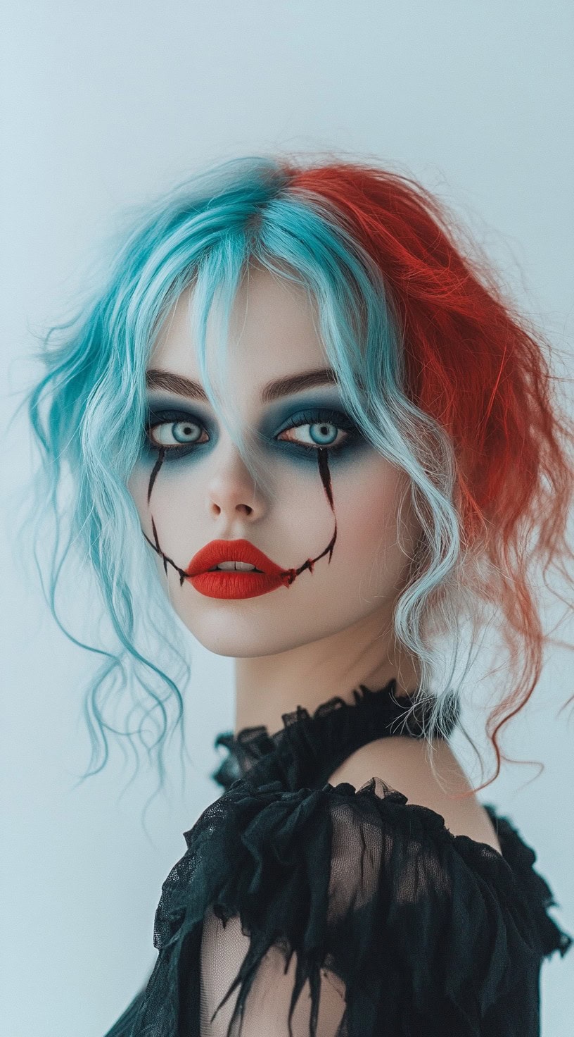 Tousled bob with bangs, one side neon blue and the rest red, with clown makeup.