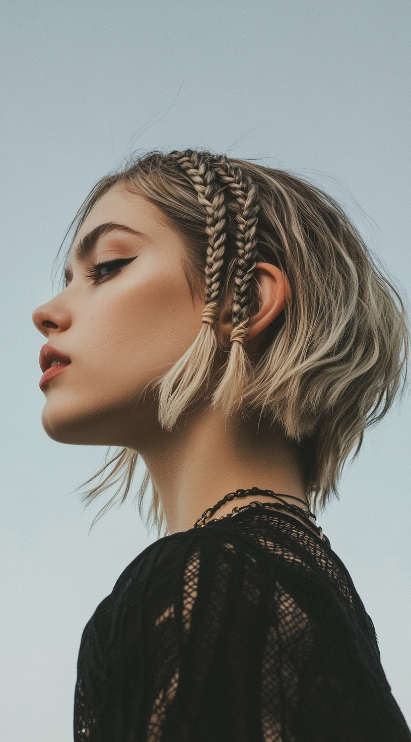 Tousled bob with two braids on the side on a woman with short, wavy hair.