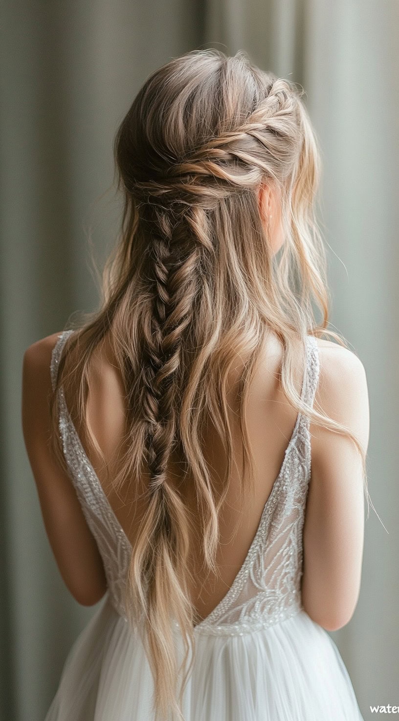 A rear view of a woman with a tousled fishtail braid, featuring loose, textured waves.