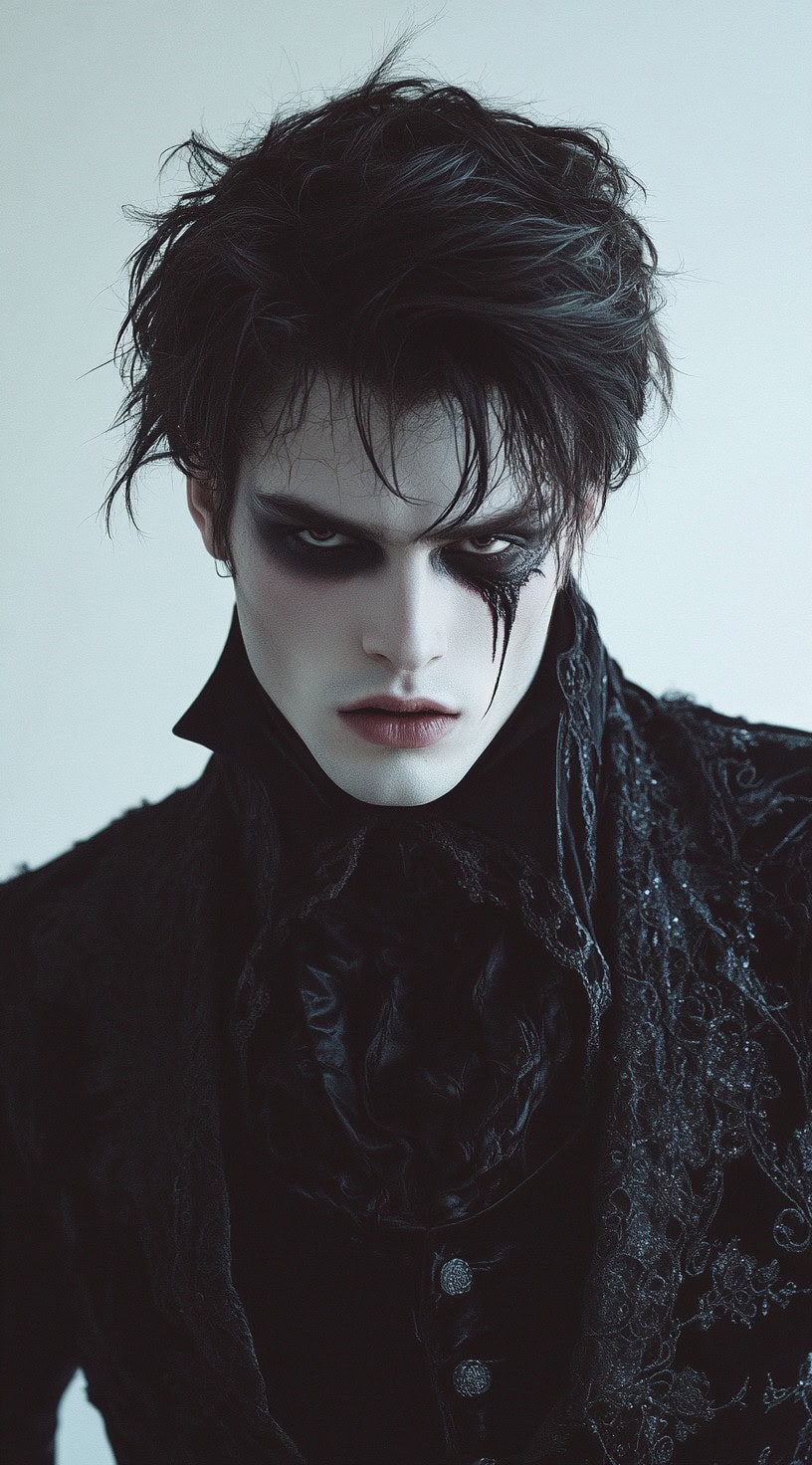 Front-facing shot of a man with tousled black waves and intense eye makeup.