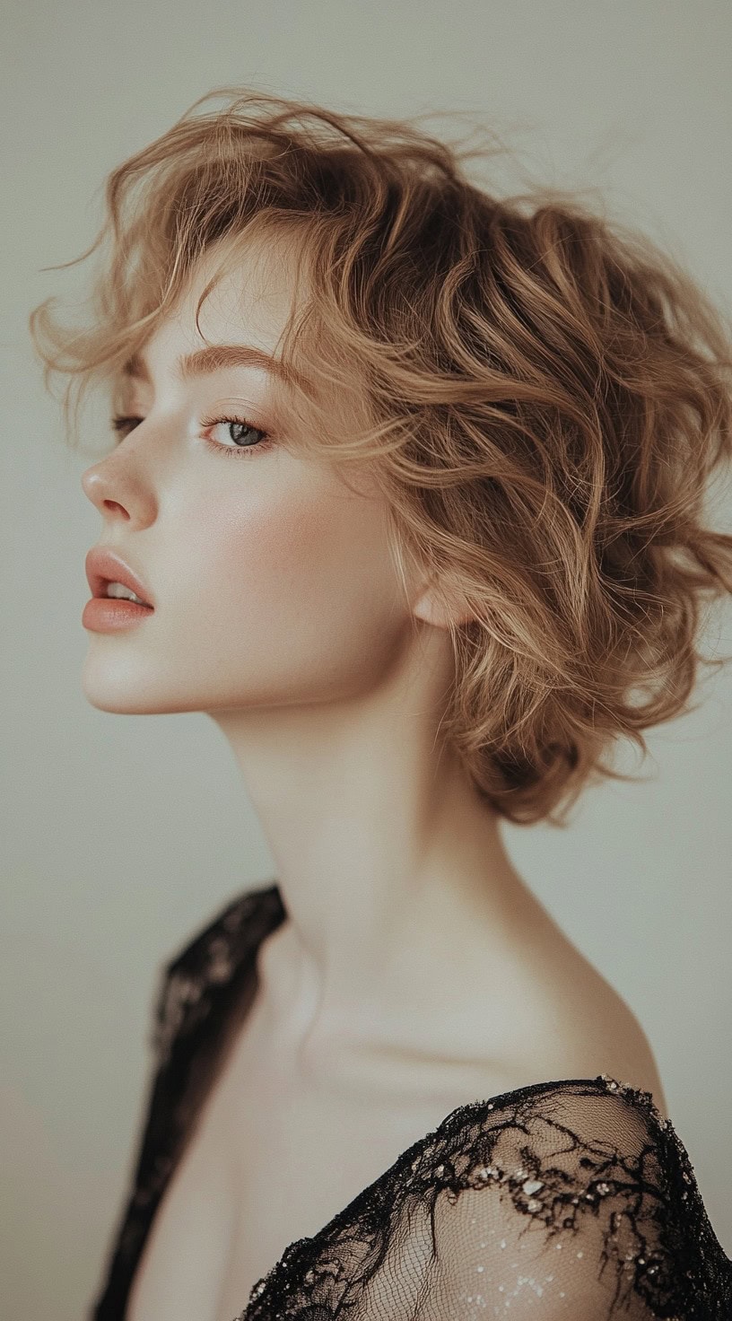 A side profile of a woman with a tousled pixie cut, showcasing soft, voluminous waves.