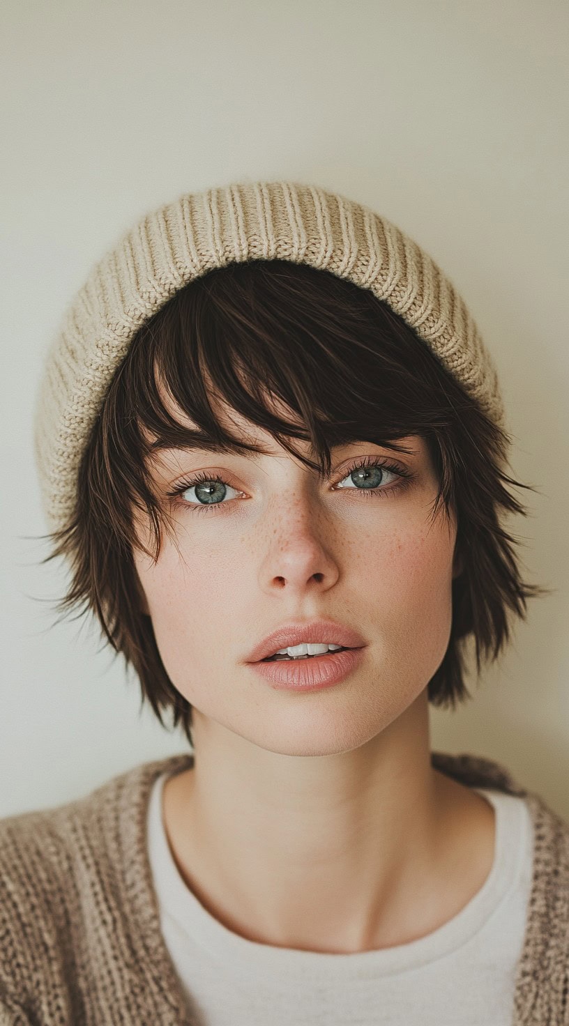 A young woman with a tousled shag haircut and a beige beanie, giving a relaxed, carefree vibe.