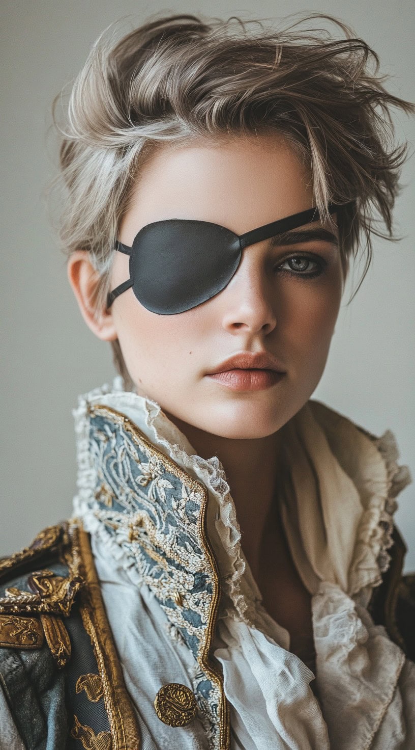 Young woman with short, tousled hair wearing a black eyepatch and an ornate pirate jacket.