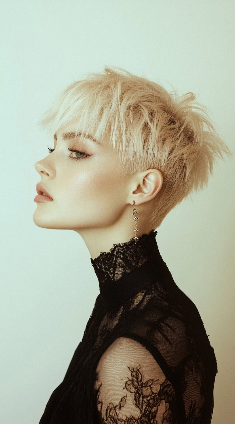 A woman with a tousled short pixie cut with a soft fringe, wearing a lace dress, showcasing a delicate yet modern style.