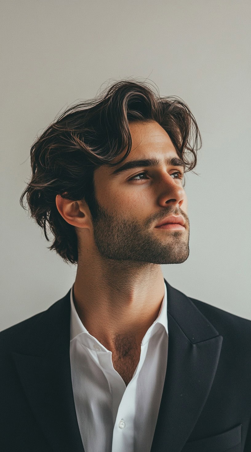 A young man with tousled waves, wearing a suit and looking upwards.