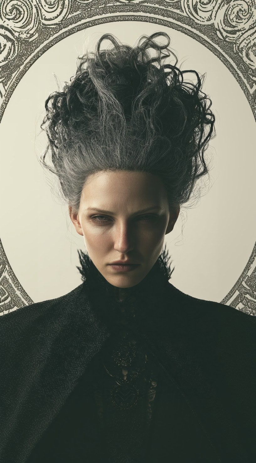 A woman with a tall, voluminous updo of silver hair styled to appear wildly lifted above the head with intense expression.
