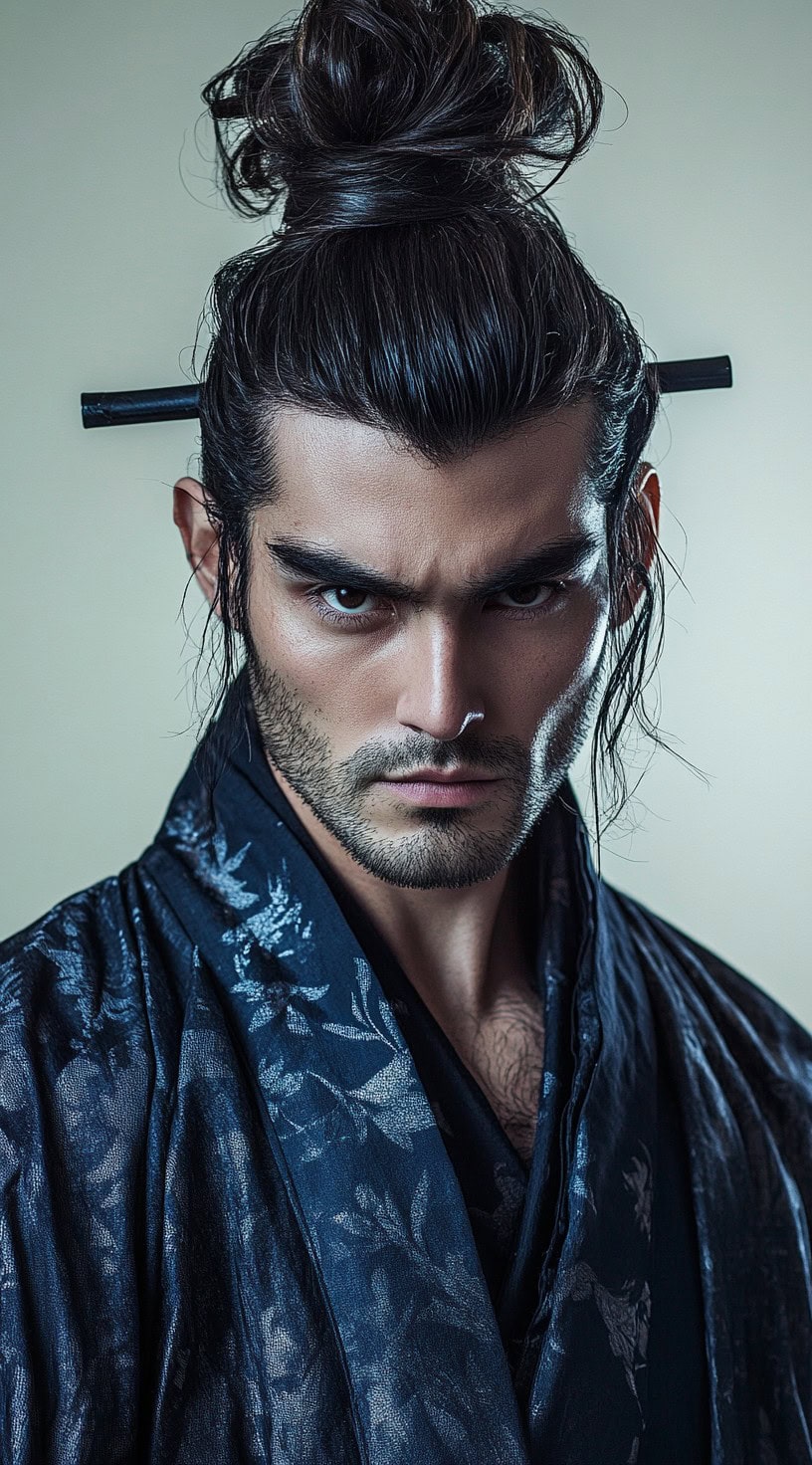 Traditional samurai with a top knot and intense expression, embodying a warrior spirit.