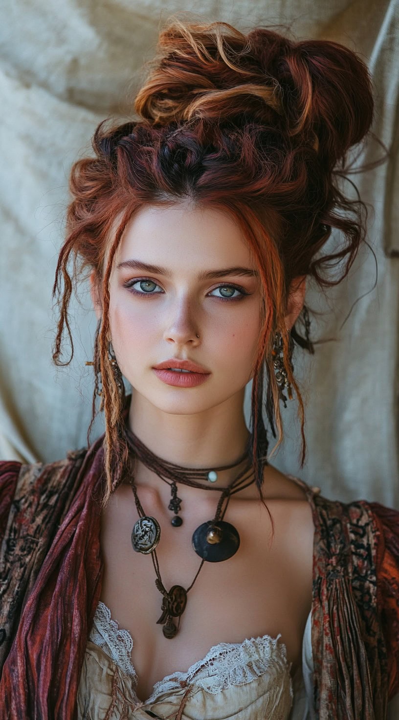 Young woman with a tricolor messy updo and flowing dreadlocks, adorned with various jewelry.