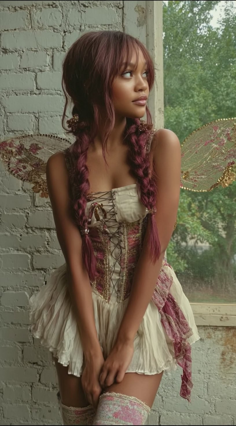 A woman with burgundy twin braids, a corset dress, and delicate fairy wings stands in front of a window.