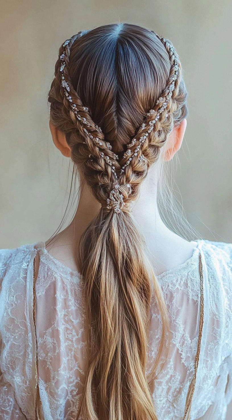 Back view of a woman with a twisted crown braid, showcasing intricate braiding patterns and loose waves cascading down.