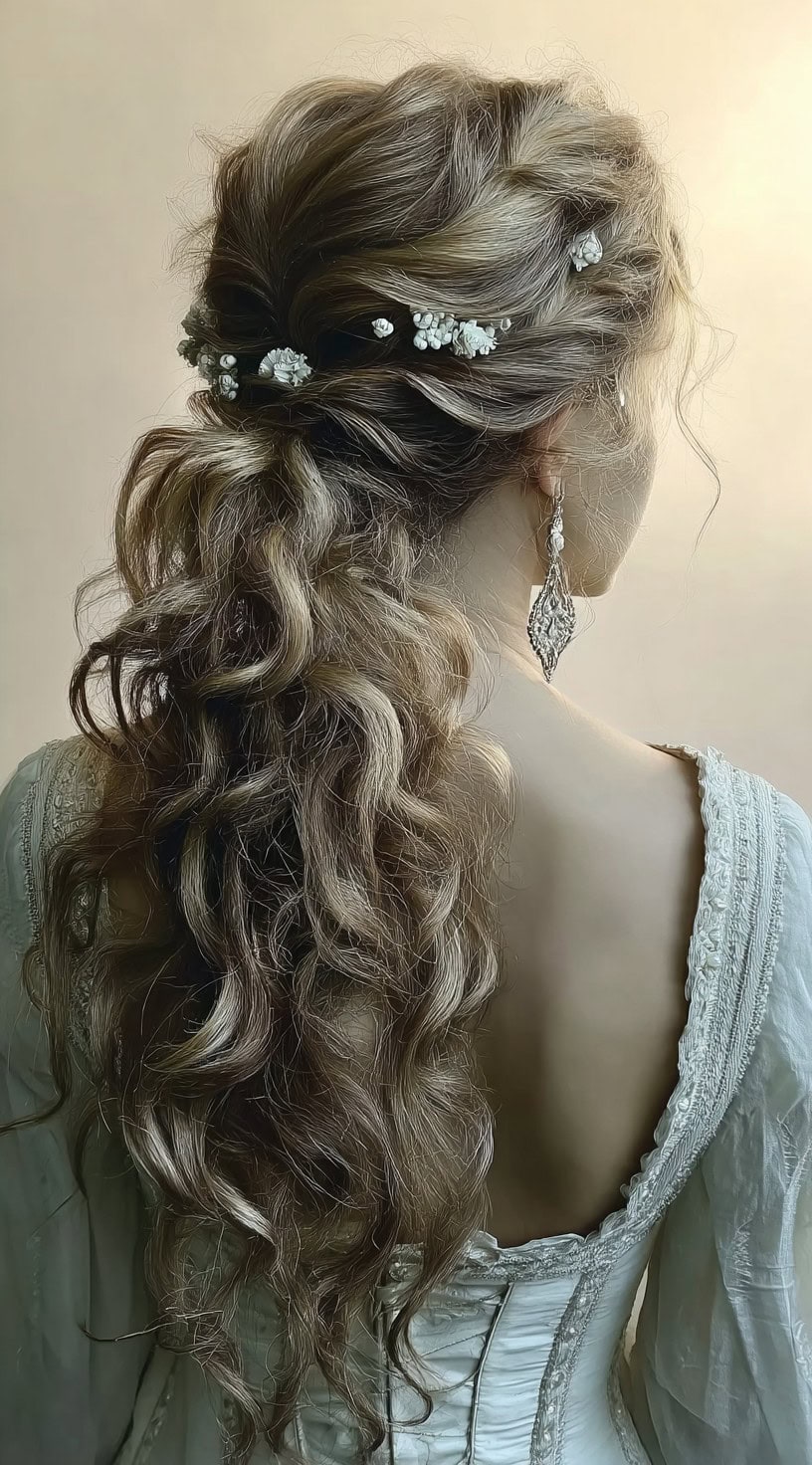 A curly ponytail with soft twists at the crown, decorated with white floral pins and worn with a lace gown.