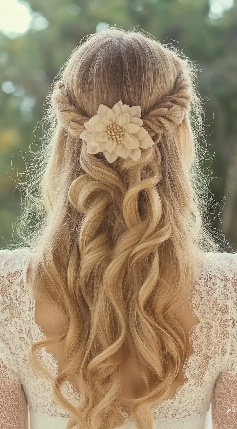 In this image, a woman with long, blonde hair styled into a twisted crown is adorned with a large floral ornament at the center.