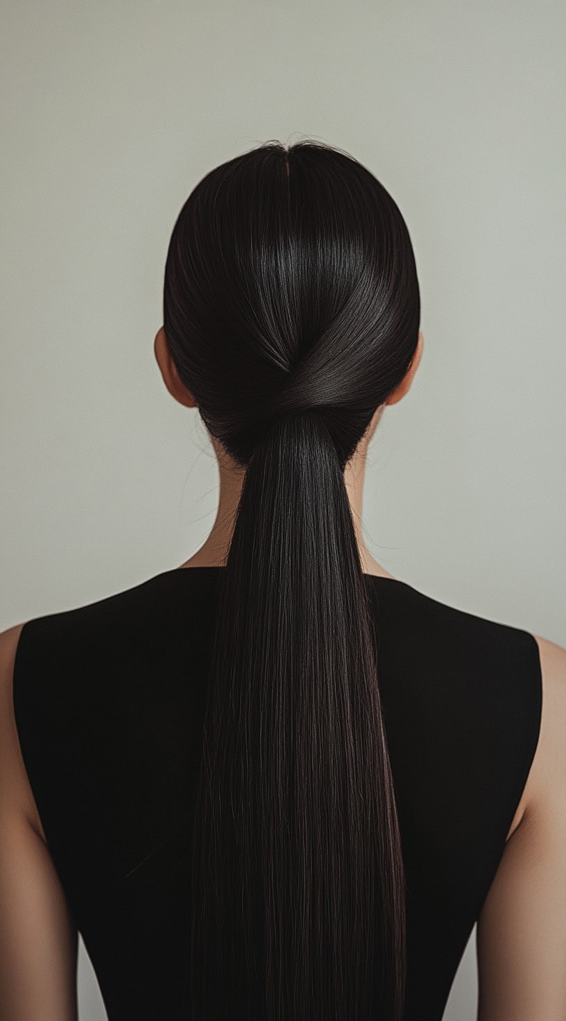 A rear view of a woman with a sleek, twisted low ponytail, wearing a black dress.