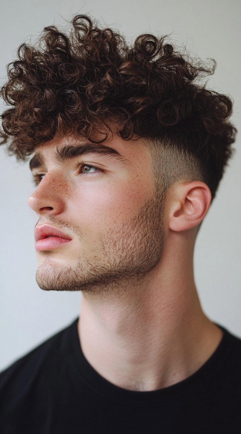 Side profile of a man with an undercut fade and a voluminous curly pompadour, combining classic and modern styles.