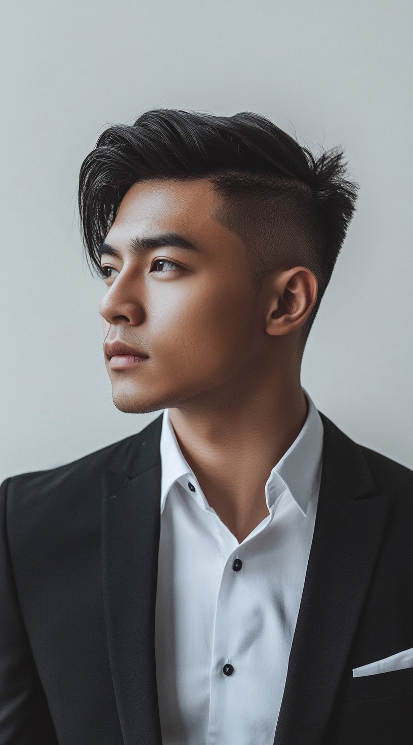 A young man with a textured undercut hairstyle, wearing a black suit.