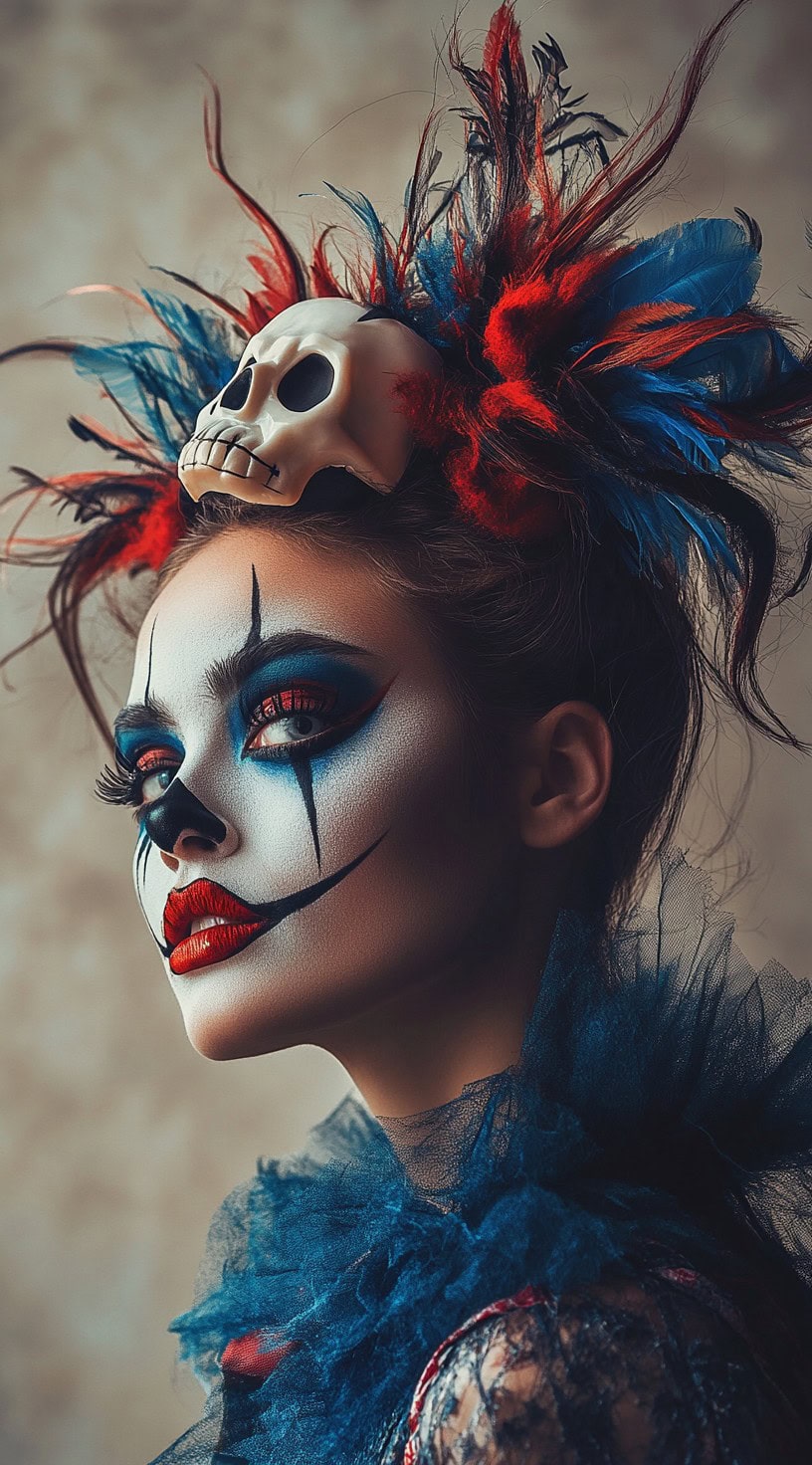 Intricate updo with colorful feathers and a skull accessory.