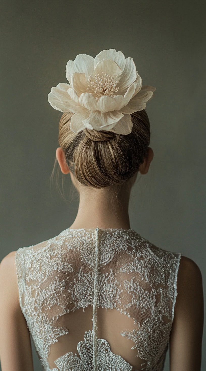 In this picture, a woman with her hair styled into an elegant updo is adorned with a large floral ornament at the top.