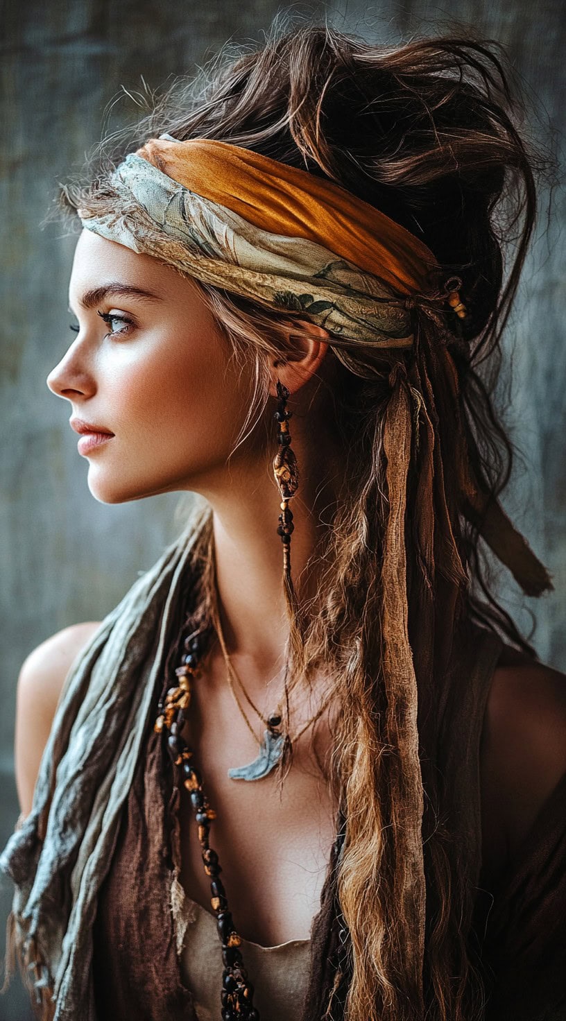 Young woman in profile with an updo, accessorized with a colorful headscarf and long earrings.