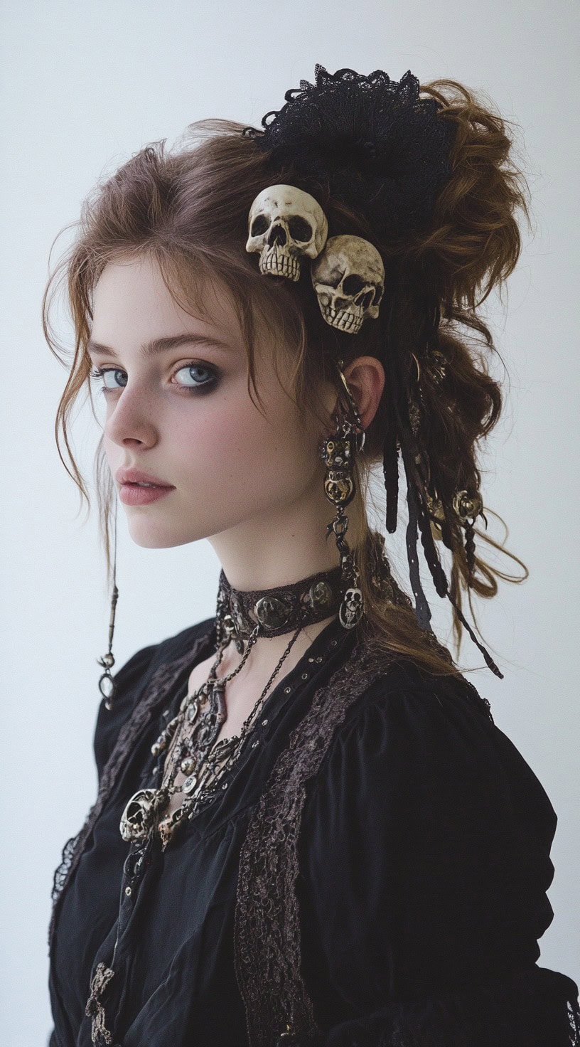 Young woman with an updo, adorned with skull accessories and a black ribbon.