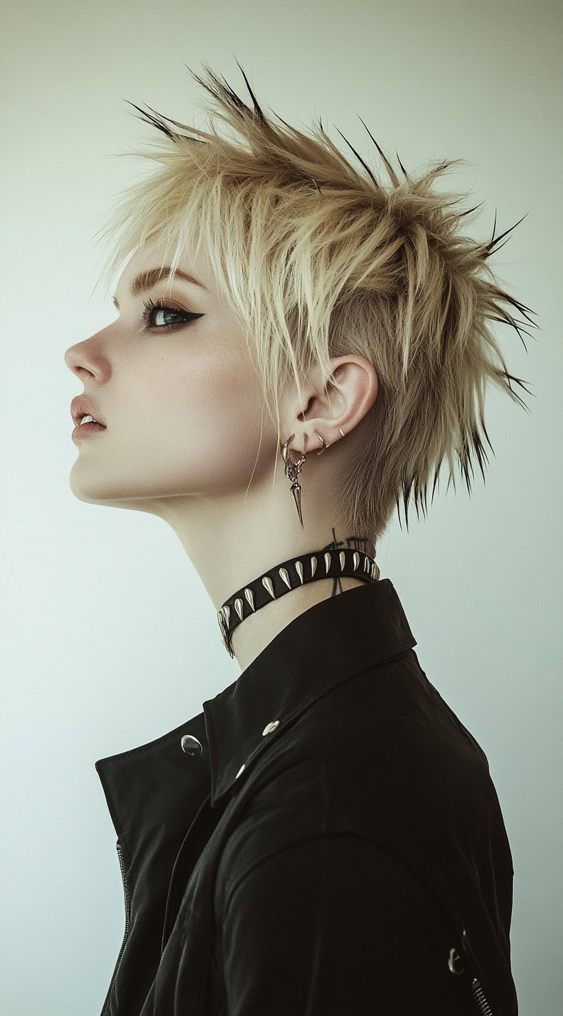 Side view of a woman with a short, anime-inspired pixie cut, styled with vampire makeup.