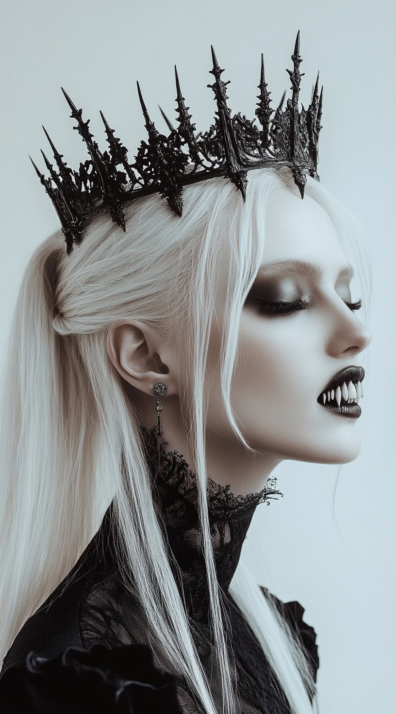 This image portrays a woman with platinum blonde hair styled half-up and adorned with a gothic crown.