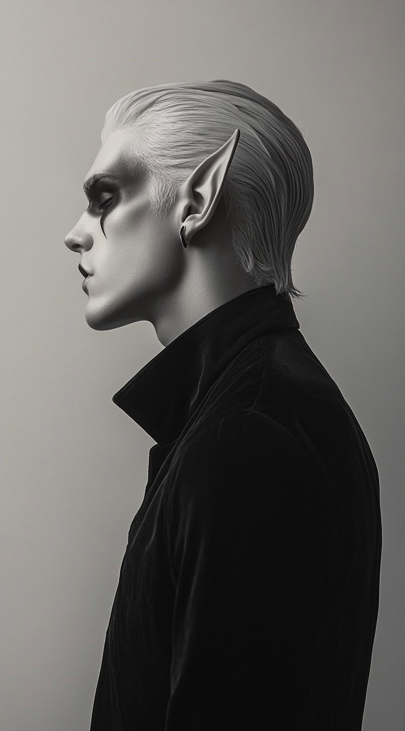 Vampire with slicked-back hair and pale complexion, creating a hauntingly elegant appearance.