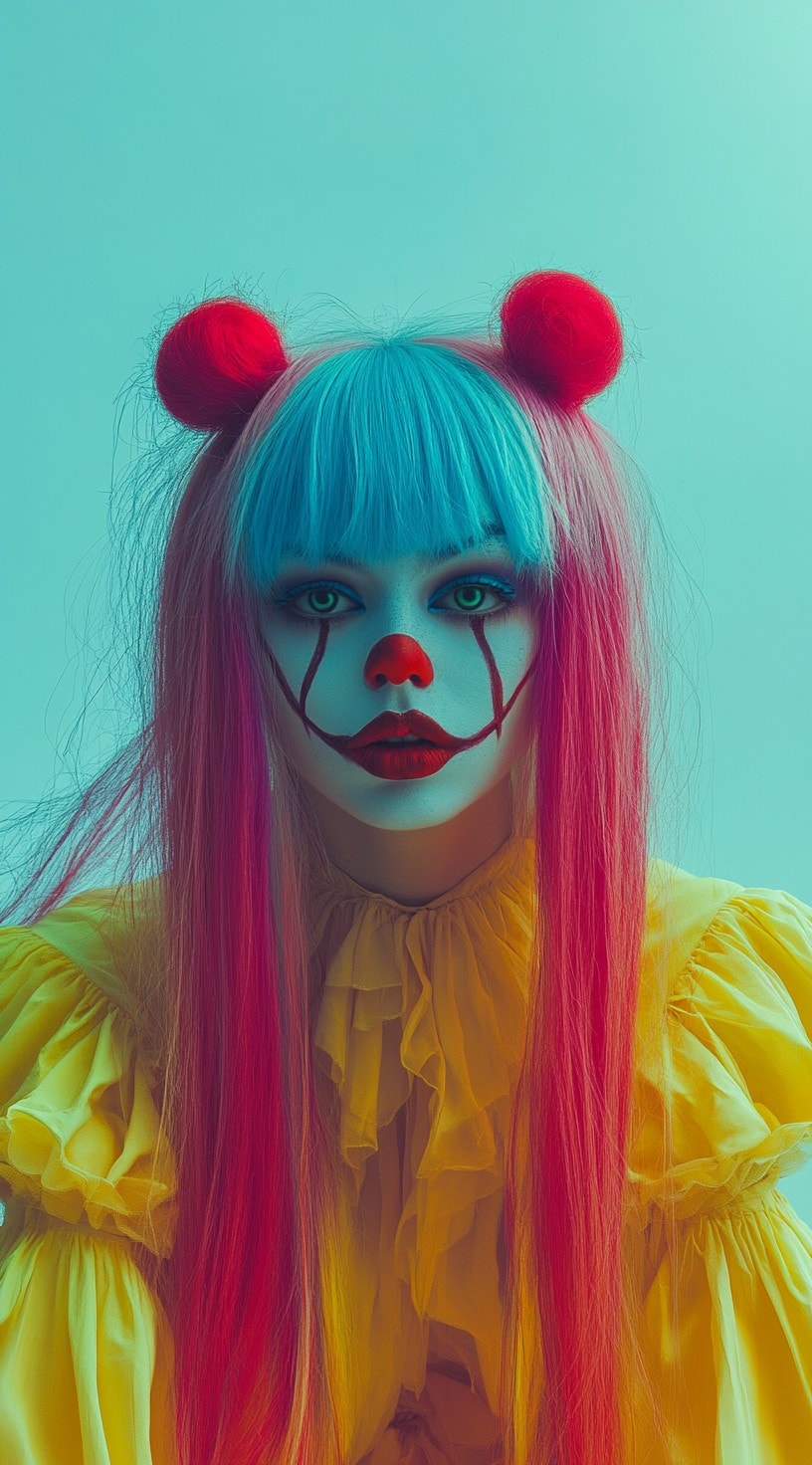 A person with long, straight, dual-toned hair in blue and pink styled into pigtails, paired with clown makeup.