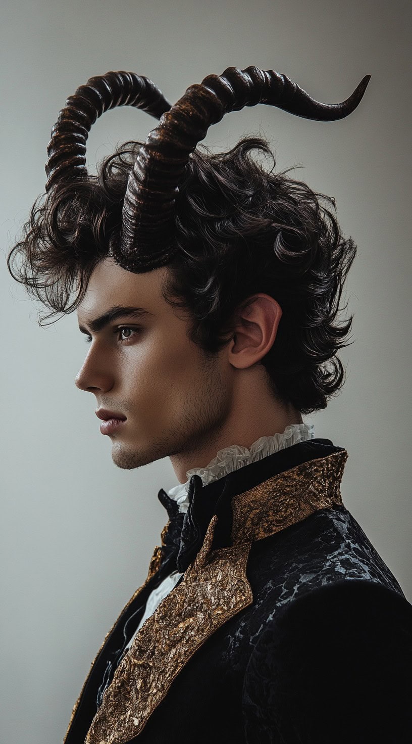 Victorian devil with textured curls and prominent horns, exuding a dark, elegant charm.