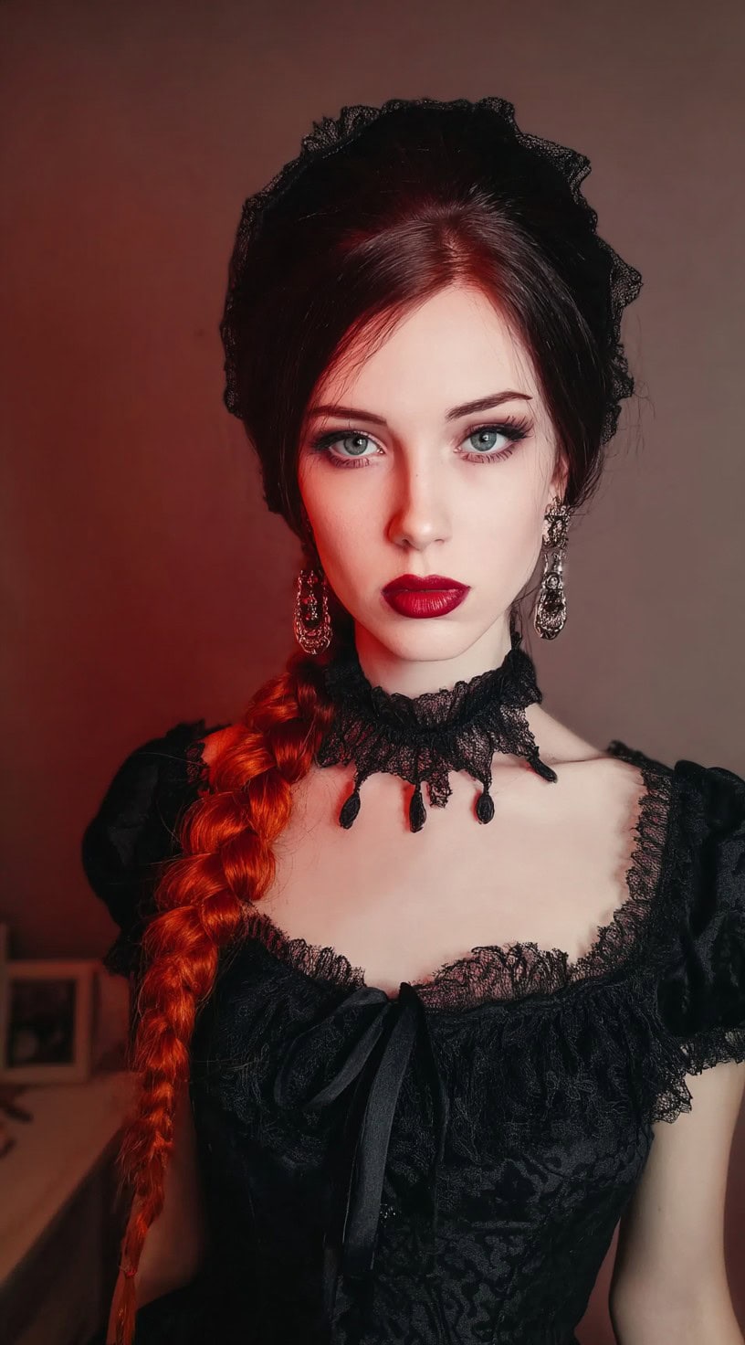 Long bright red hair in a thick side braid with teased volume at the crown and ornate accessories.