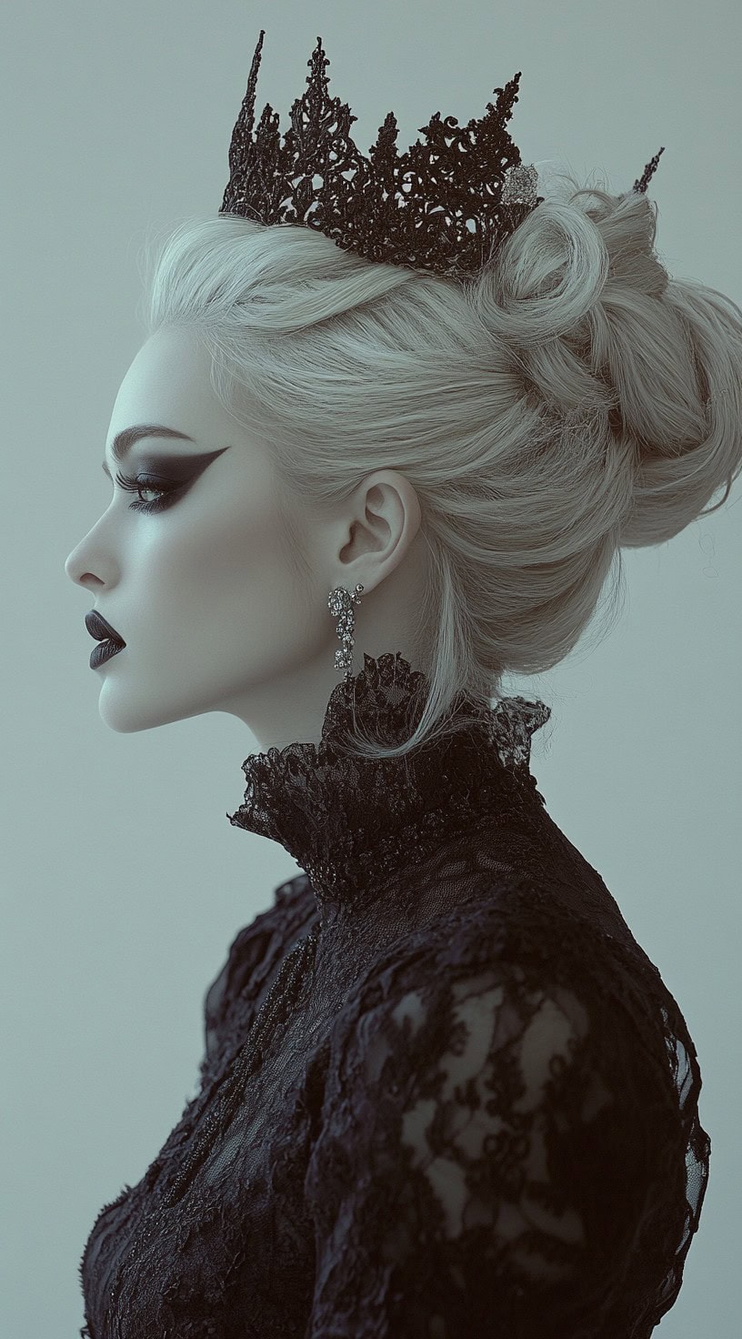 Side view of a woman with a Victorian updo adorned with a crown, styled with vampire makeup.