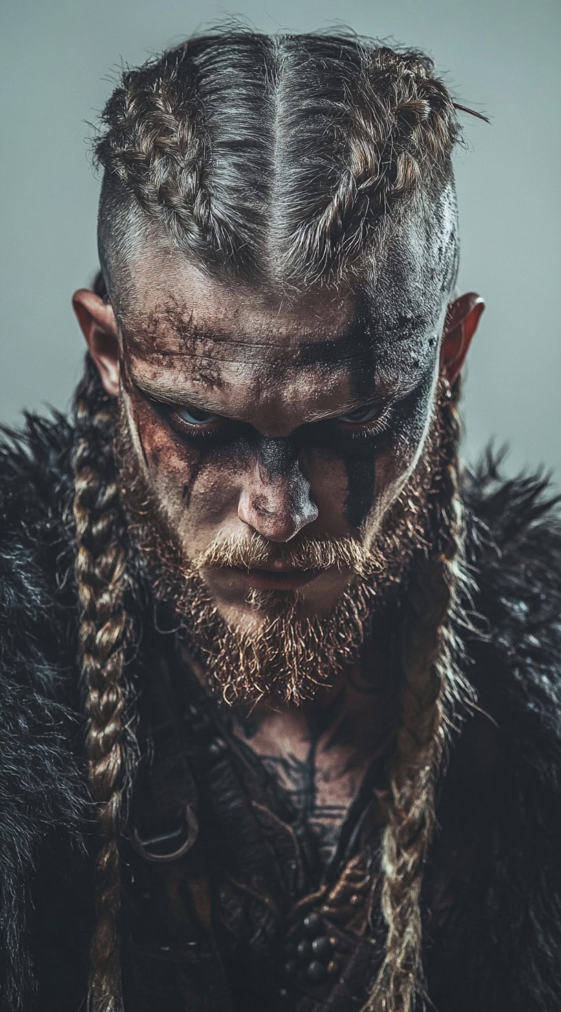 Viking warrior with double Dutch braids and shaved sides, exuding a fierce and rugged look.