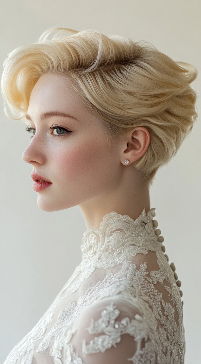 A woman with a vintage-inspired blonde wave pixie cut, wearing an intricately designed lace dress, exuding classic elegance.