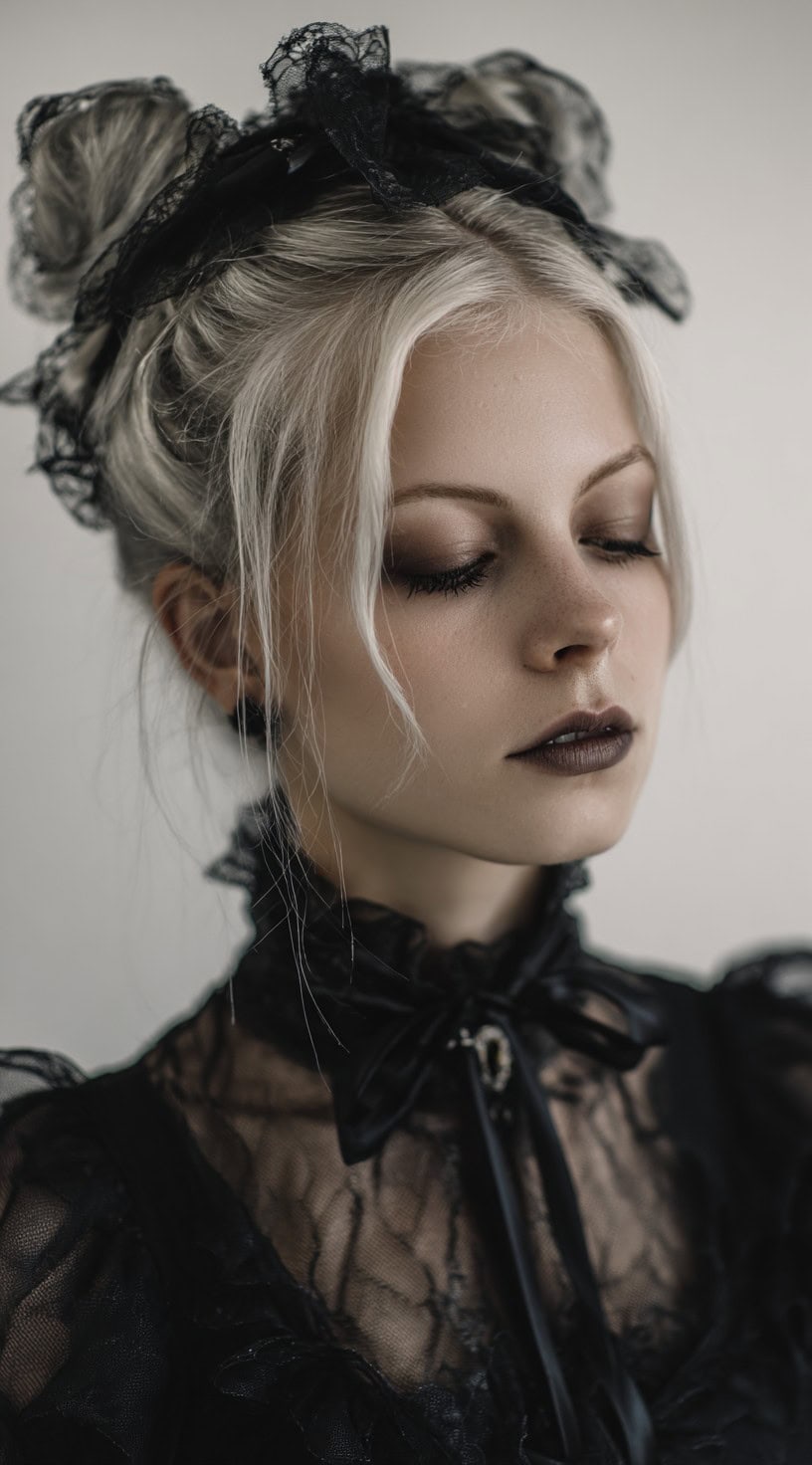 A woman with platinum blonde hair styled into twin buns adorned with black lace ribbons and soft, dark makeup.