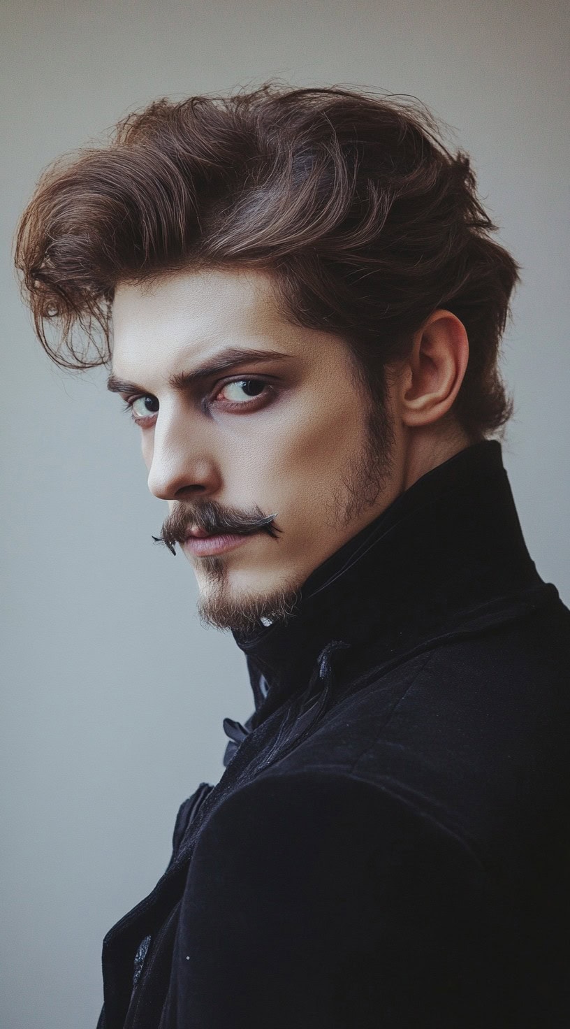 Side profile of a man with a vintage quiff and a handlebar mustache, giving a classic and refined look.