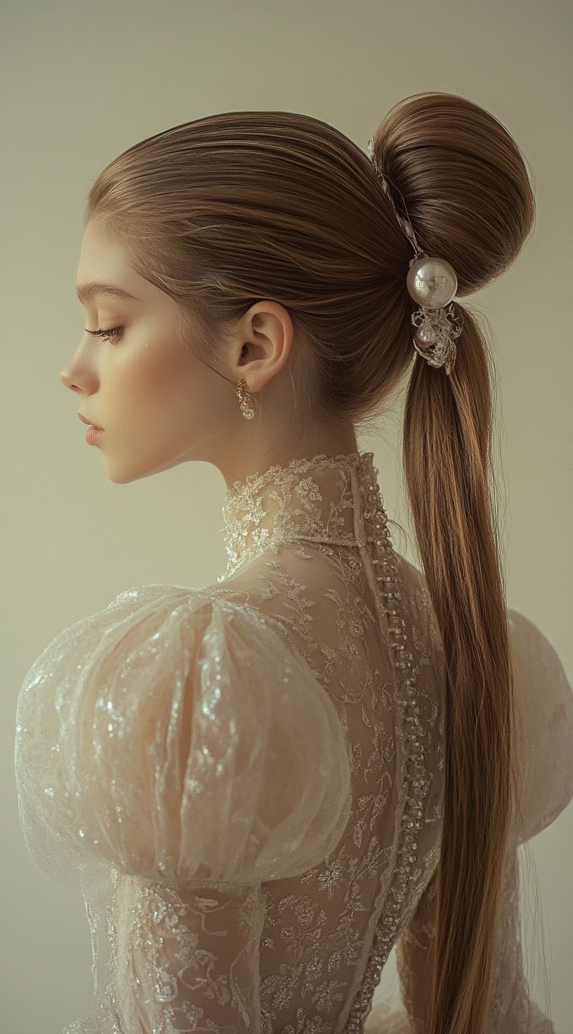 Side profile of a woman with a voluminous bubble ponytail adorned with pearl details, wearing a high-neck lace dress.