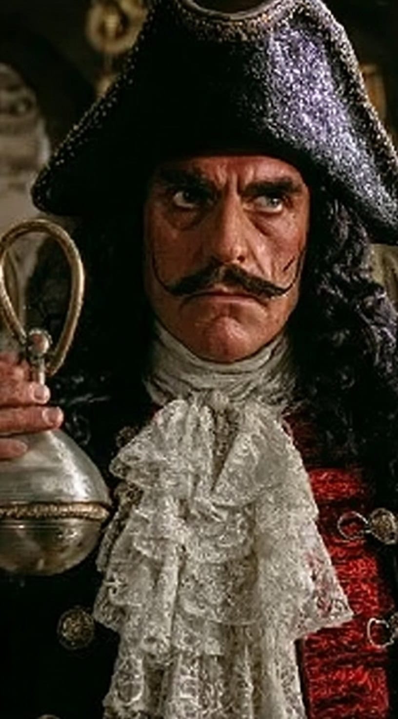 A man with long black curls, a curled mustache, and a velvet pirate outfit holds a silver hook and looks off to the side.