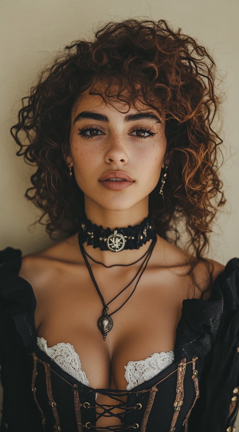 Young woman with voluminous curls and a lace choker, wearing a pirate costume.