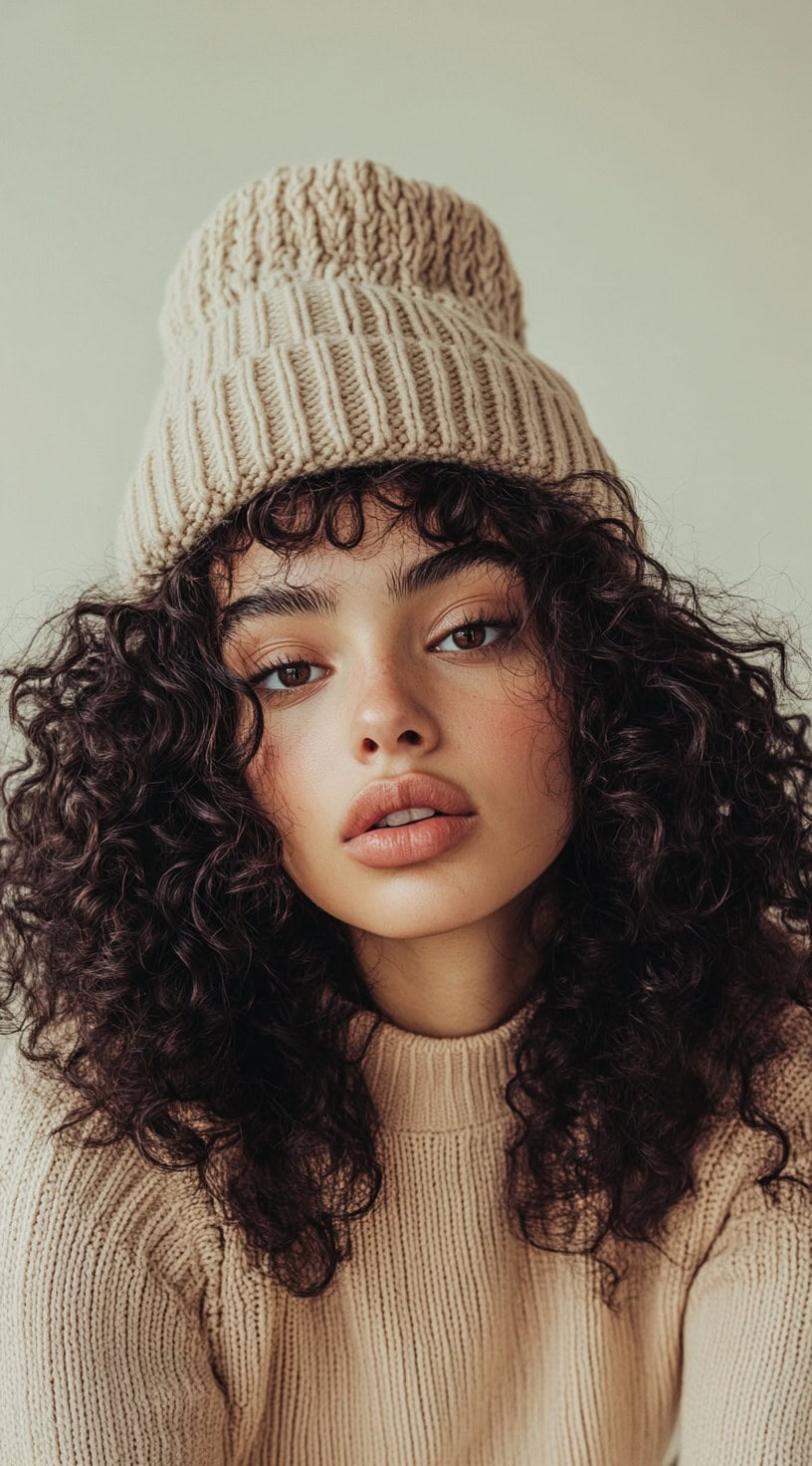 A young woman with voluminous curly hair under a beige beanie, her curls are bold and defined.