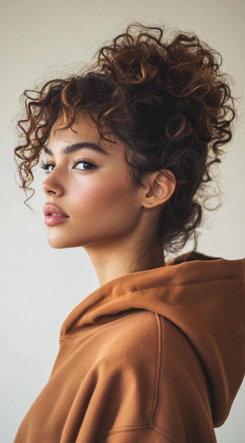 Profile view of a young woman with a voluminous curly updo wearing a rust-colored hoodie.