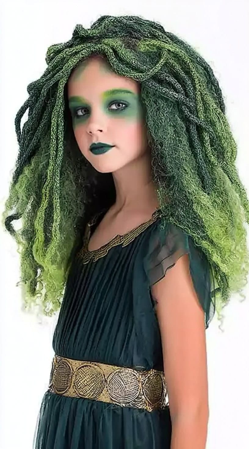 A child wearing massive green yarn locs styled as snakes, with green eye makeup and a dark green dress.