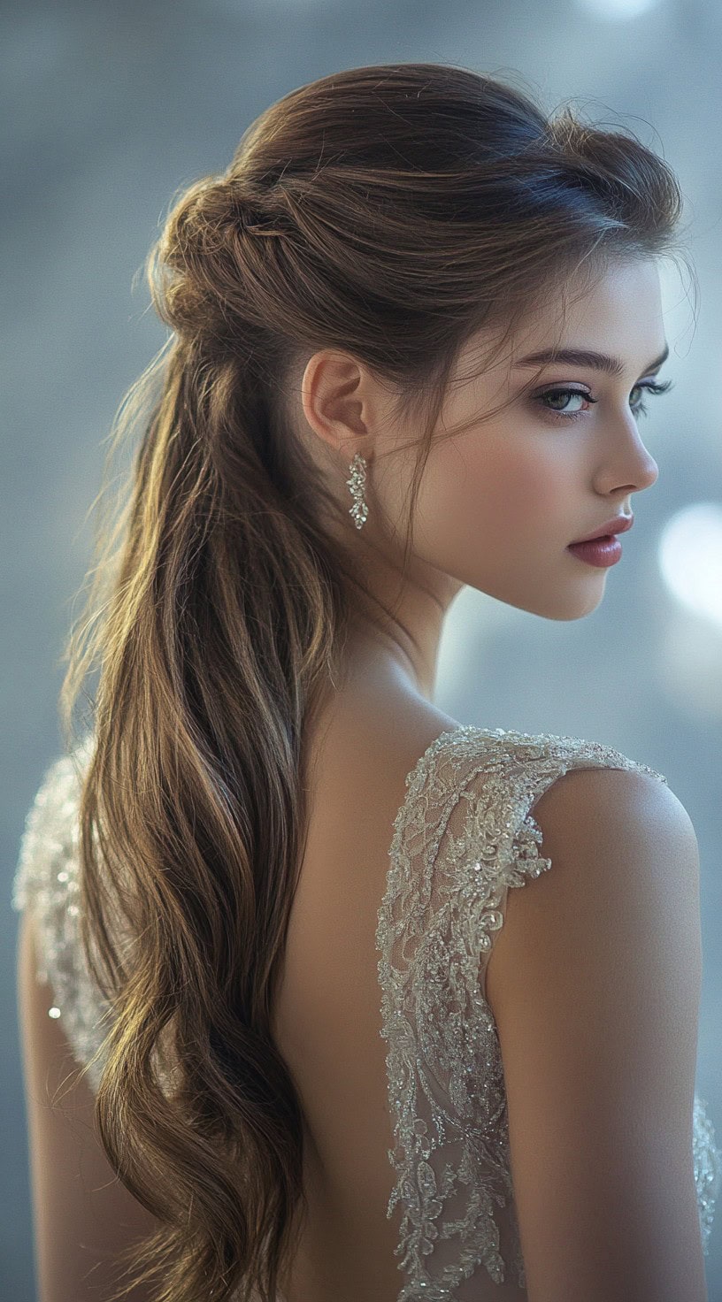 A profile view of a woman with a voluminous half-up ponytail, complemented by soft, cascading waves.