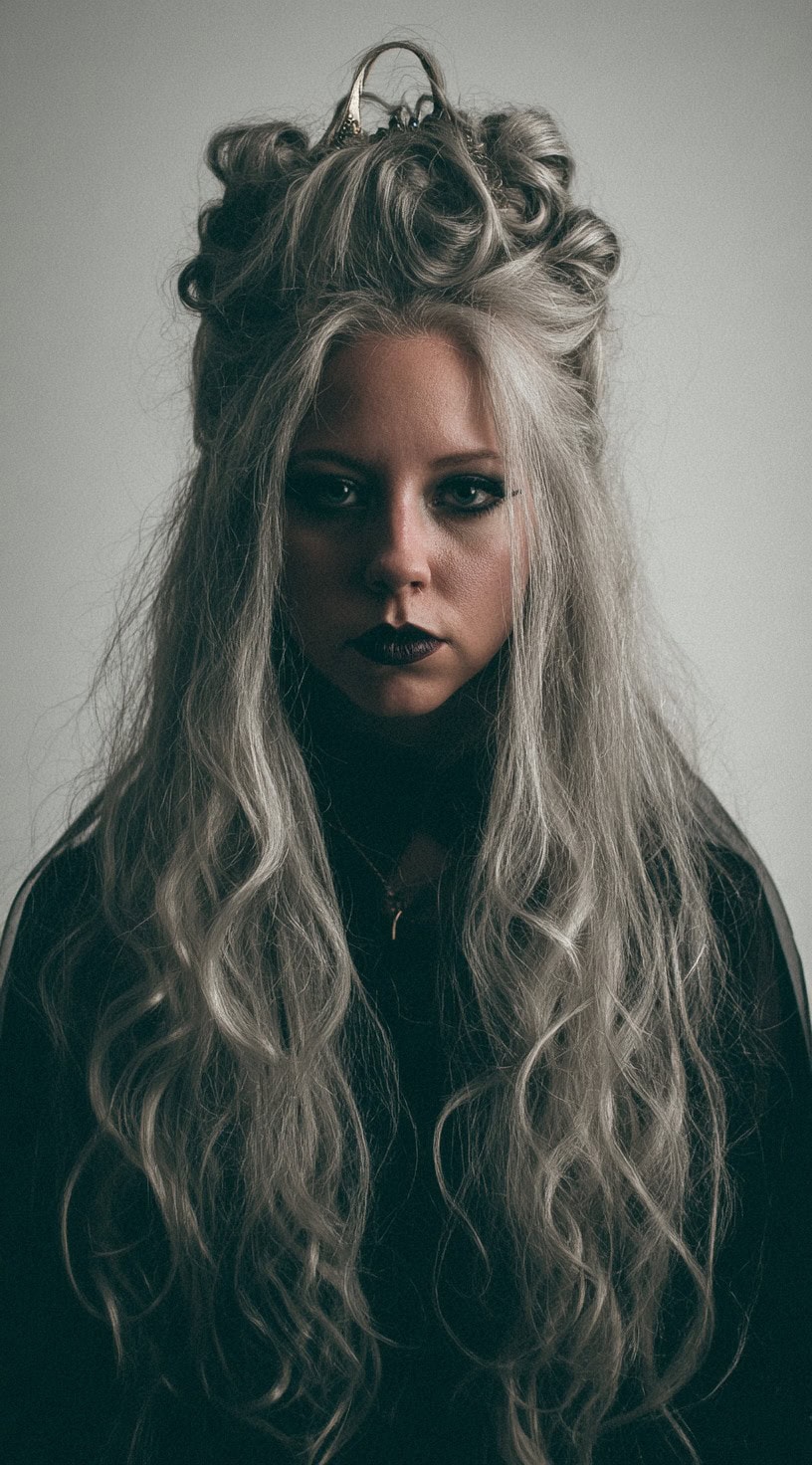 A woman with long, wavy gray hair styled half-up with curled sections at the top resembling horns and a dark gothic outfit.