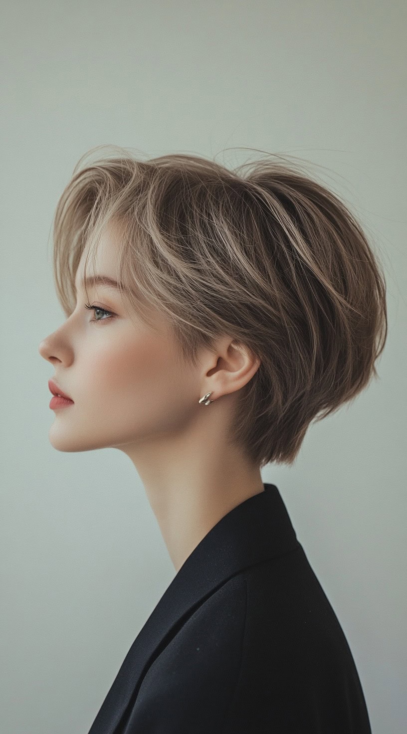 A woman with a voluminous layered pixie cut, wearing a black blazer, showcasing a modern and dynamic style.