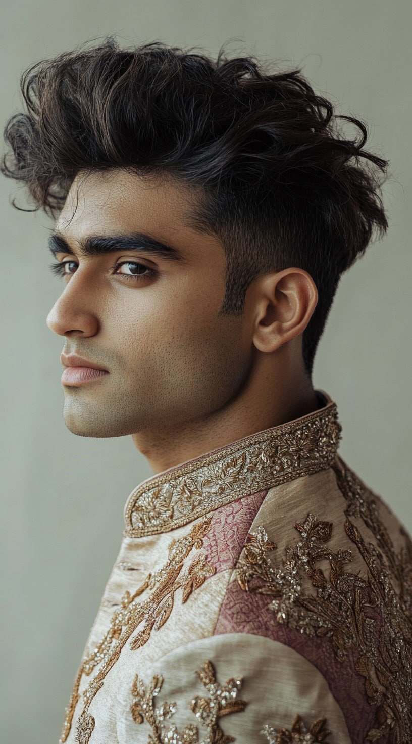 A man with a voluminous quiff, dressed in ornate traditional attire.