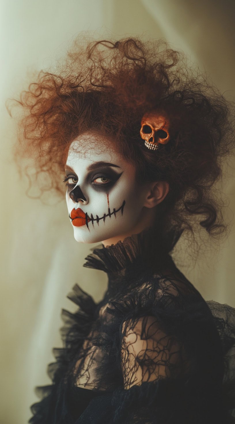 A person with voluminous curly hair styled up with a skull accessory and intricate clown makeup.