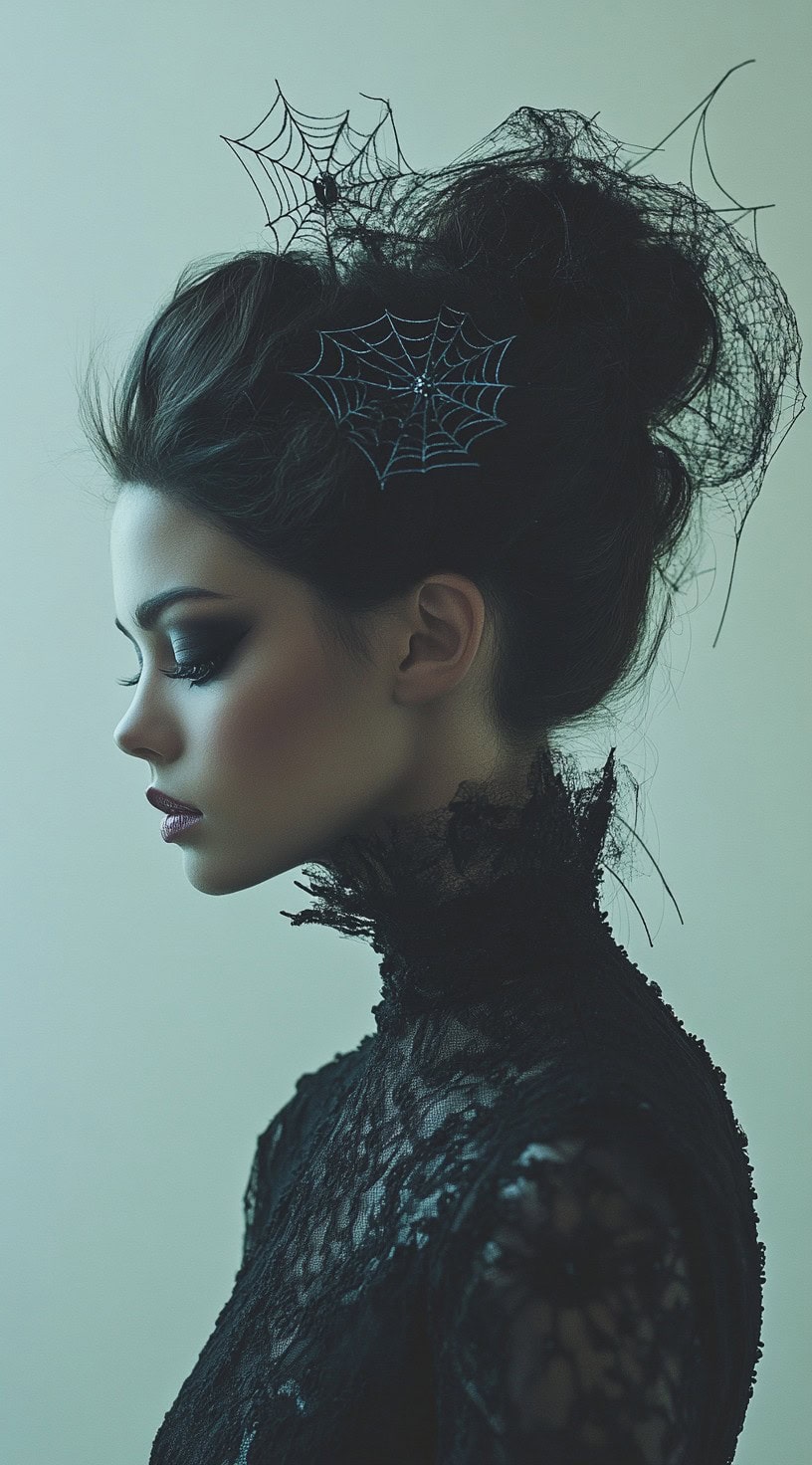 This photo depicts a woman with a high bun decorated with spider webs.