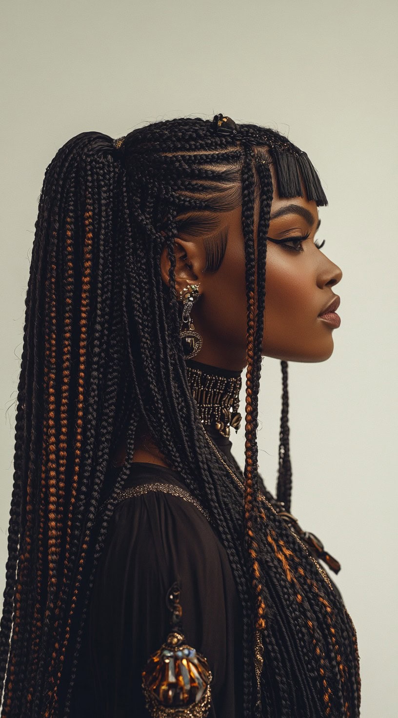 This photo shows a woman with half-up half-down braids, blunt bangs, and peekaboo highlights.