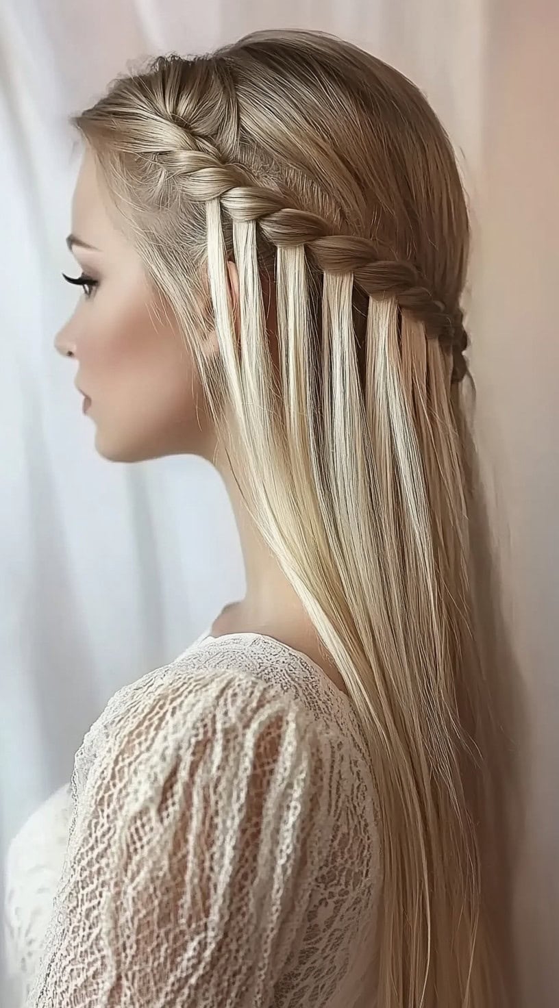 Side profile of a woman with a waterfall braid cascading into loose, straight locks.