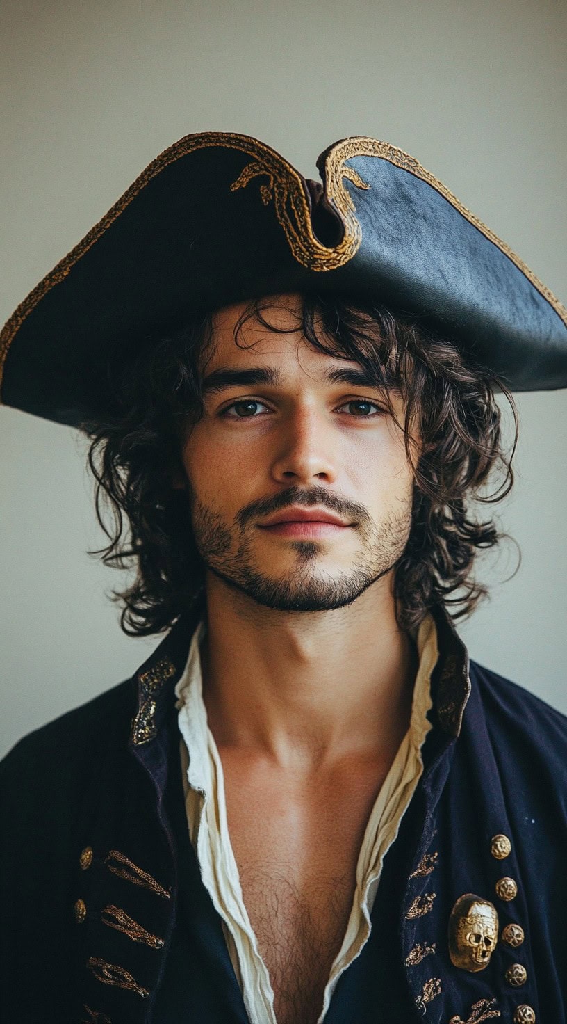 Man with a wavy bob cut wearing a traditional pirate hat.